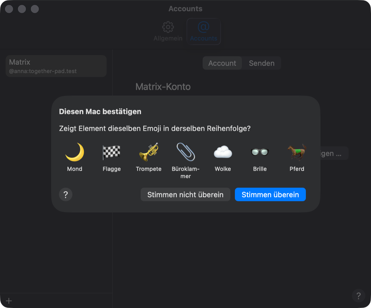 „Diesen Mac bestätigen“ zeigt sieben Emoji mit ihren Namen und fragt, ob Element dieselben zeigt; darunter „Stimmen nicht überein“ und „Stimmen überein“.