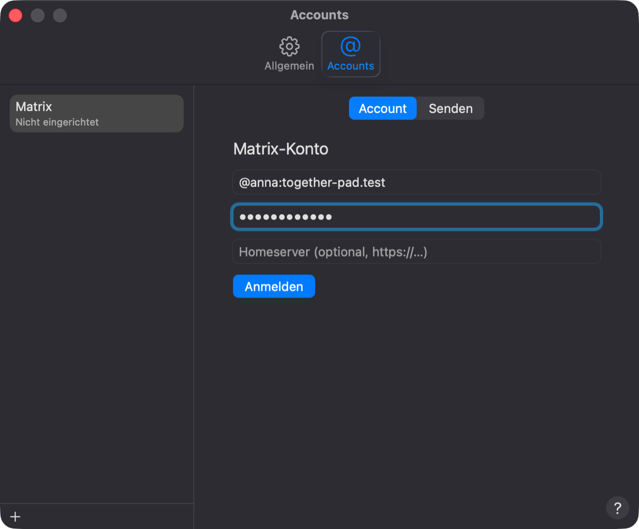Einstellungen → Accounts mit dem Matrix-Konto: Felder für Matrix-ID, Passwort und Homeserver, darunter „Anmelden“.