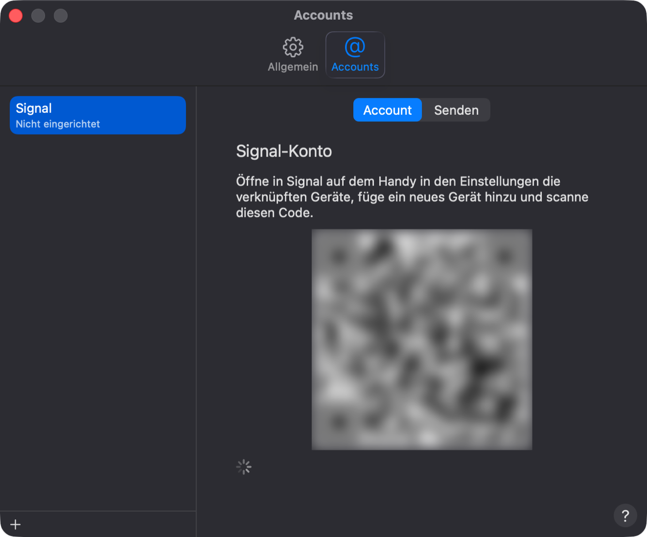 Einstellungen → Accounts mit dem Signal-Konto: wo du in Signal scannst, und ein QR-Code (im Bild ein weichgezeichneter Platzhalter, der nichts verknüpft).