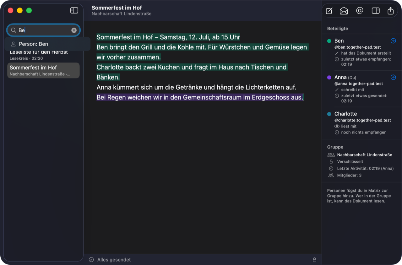 Im Suchfeld steht „Be“, darunter der Vorschlag „Person: Ben“.
