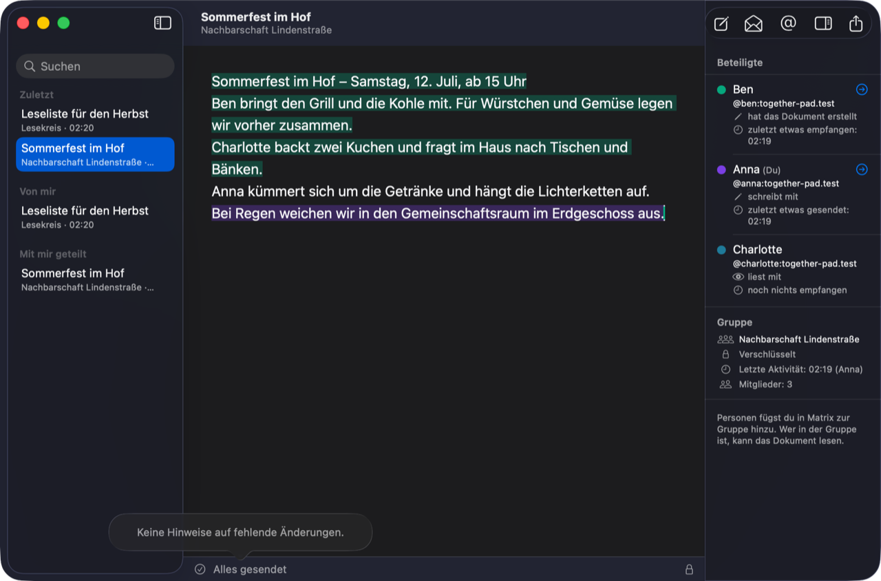 Ein Klick auf die Statuszeile „Alles gesendet“ öffnet ihre Einzelheiten.