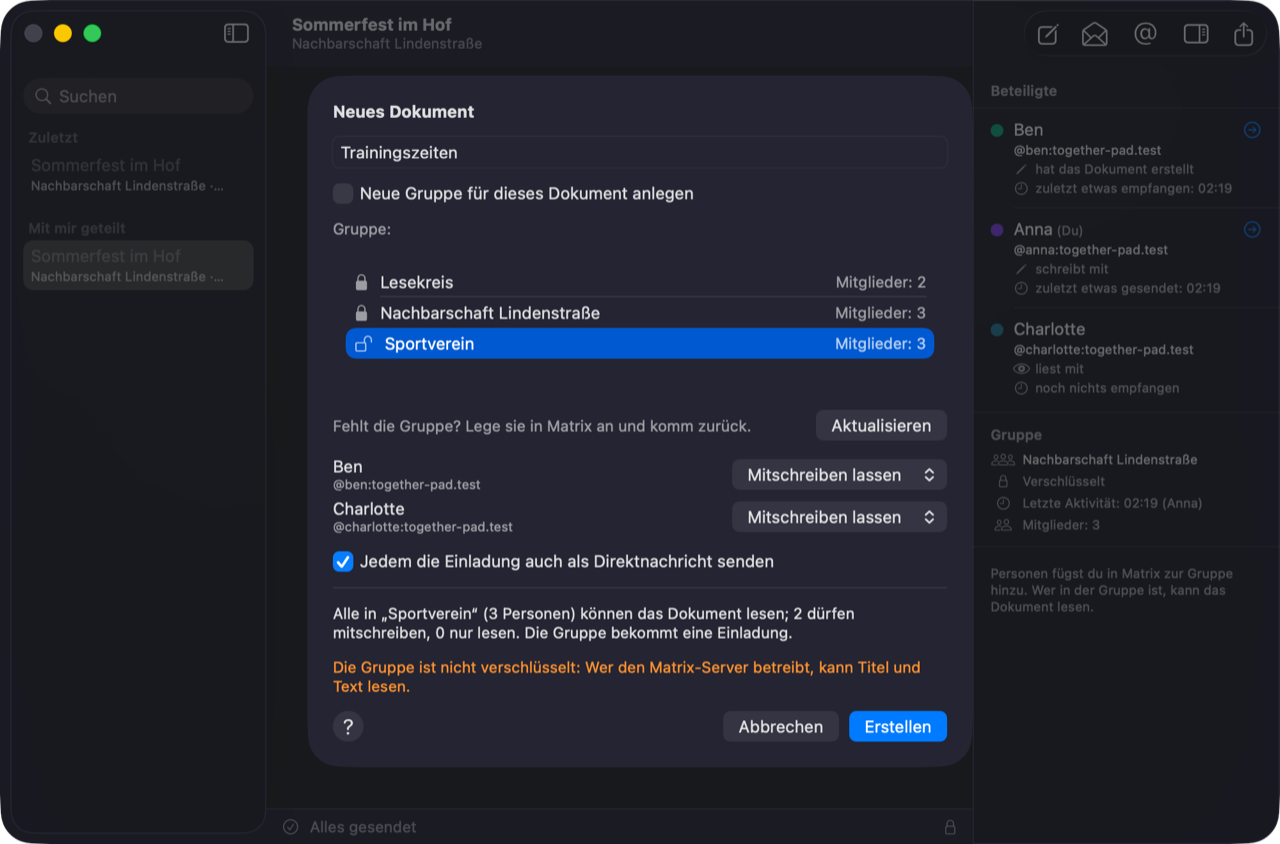 „Neues Dokument“ mit der unverschlüsselten Gruppe „Sportverein“: Das offene Schloss und ein orangefarbener Hinweis sagen, dass der Betreiber des Servers Titel und Text lesen kann.