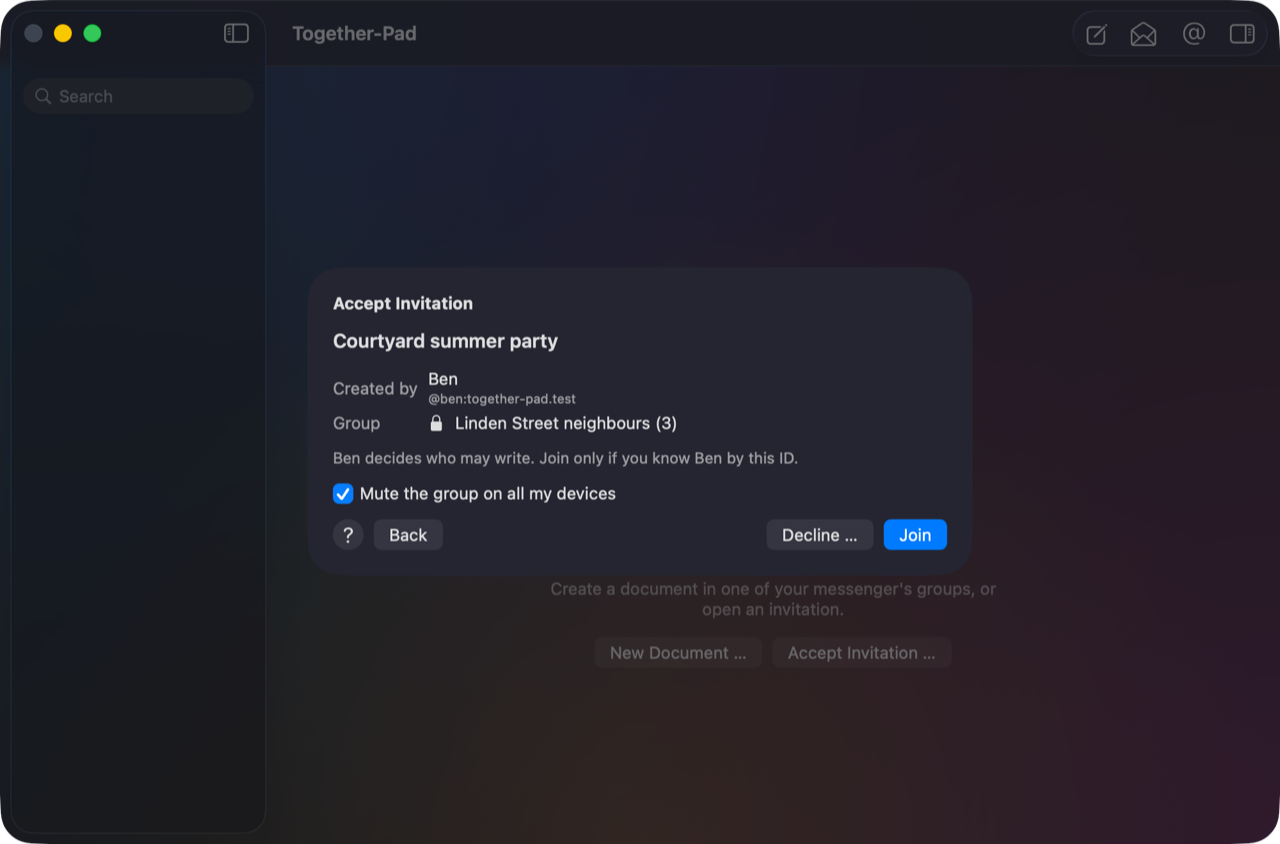 Accept Invitation shows the title, the creator and the group, the tick for muting, and the buttons Decline … and Join.