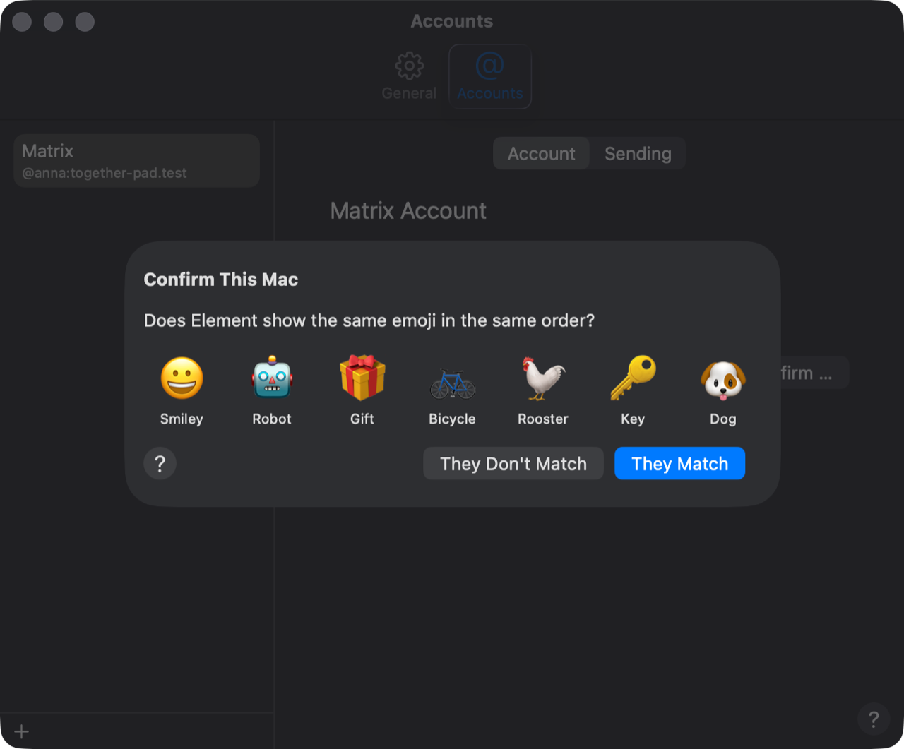 “Confirm this Mac” shows seven emoji with their names and asks whether Element shows the same; below, They Don't Match and They Match.