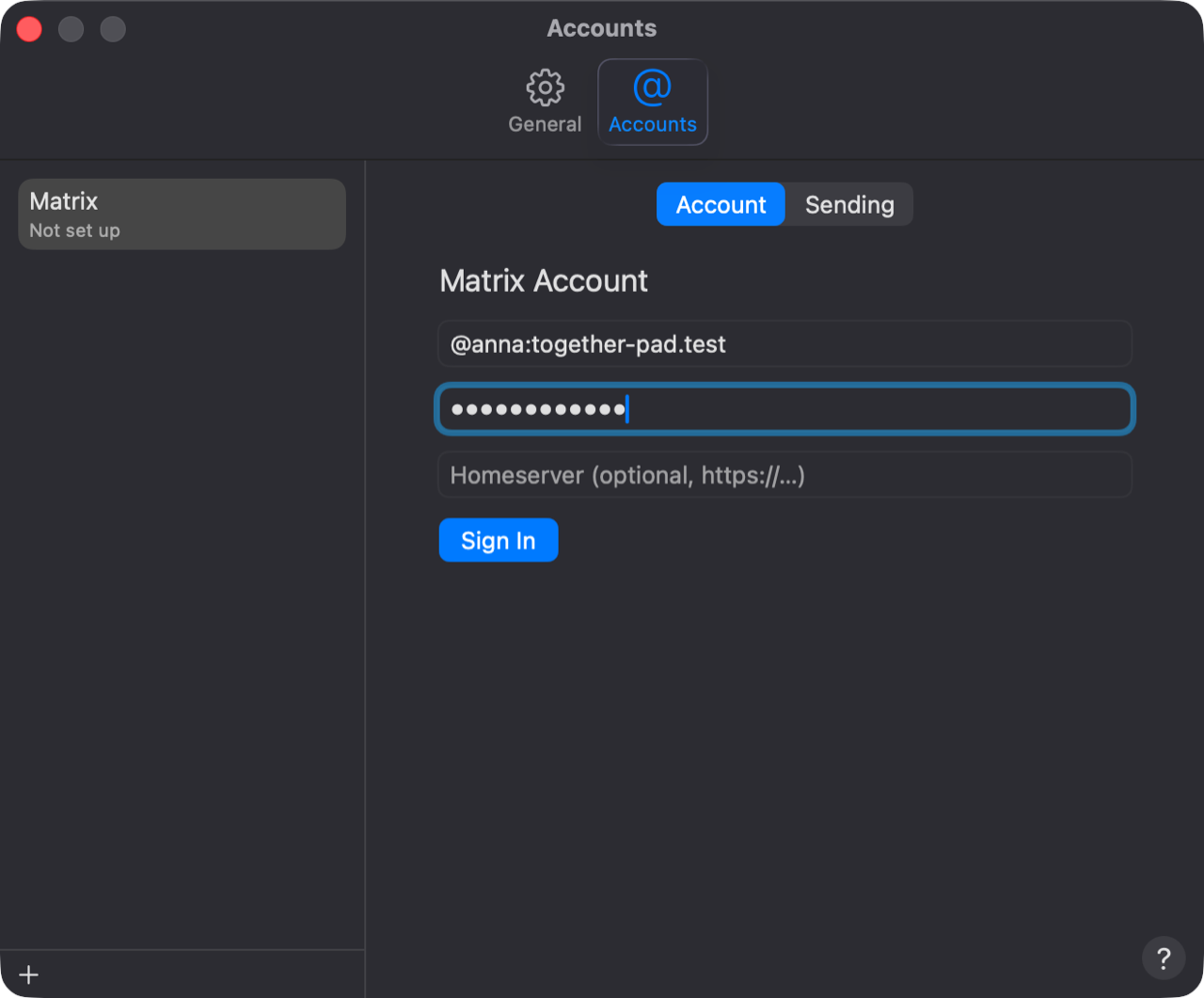 Settings → Accounts with the Matrix account: fields for Matrix ID, password and homeserver, and Sign In below.