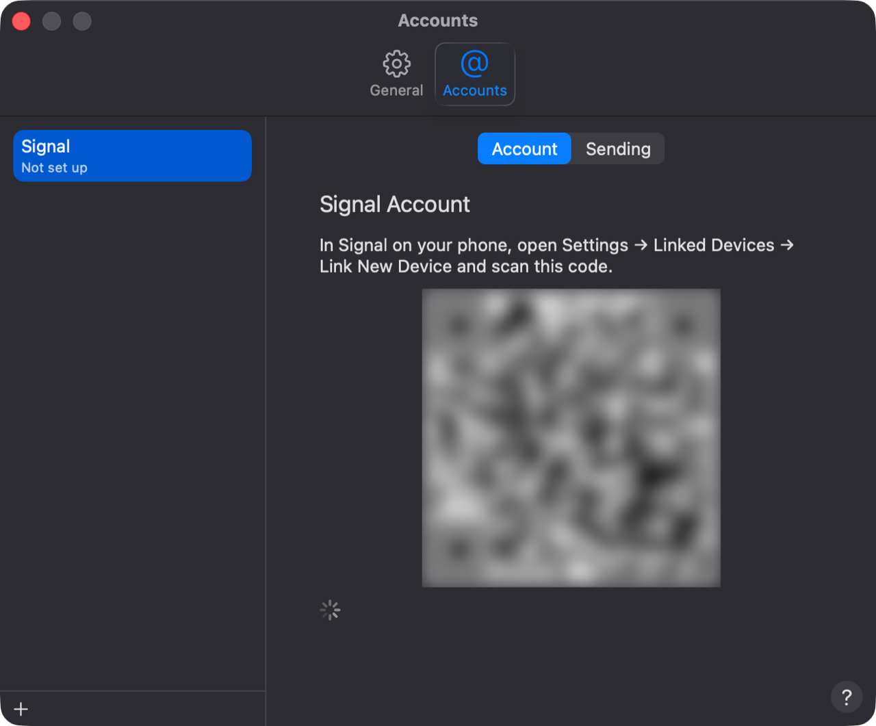 Settings → Accounts with the Signal account: where to scan in Signal, and a QR code (in this picture a blurred placeholder that links nothing).