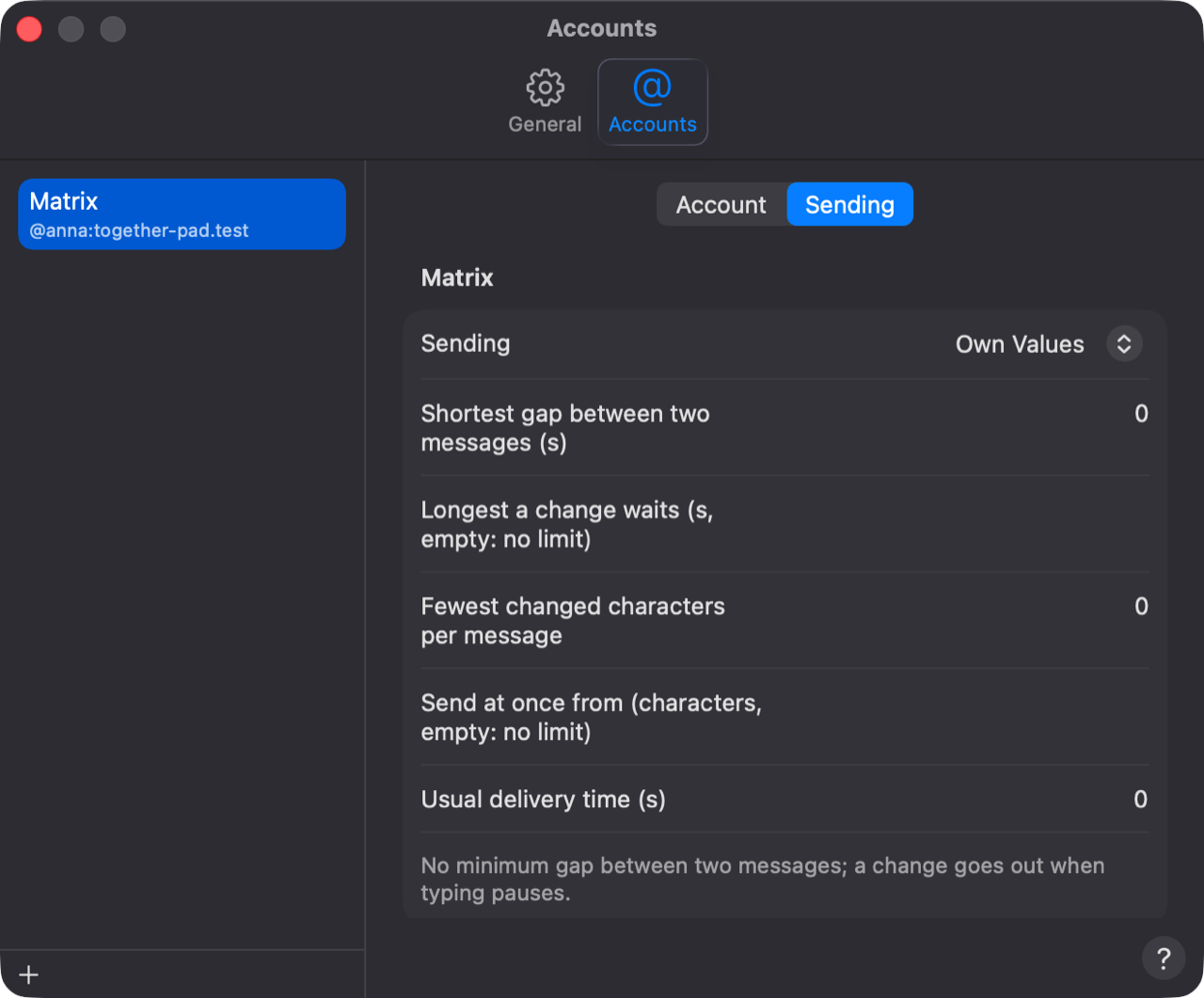 Settings → Accounts → Matrix → Sending with Own Values and its five fields.
