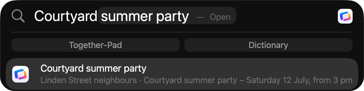 Spotlight finds “Courtyard summer party”, with its group and first line.