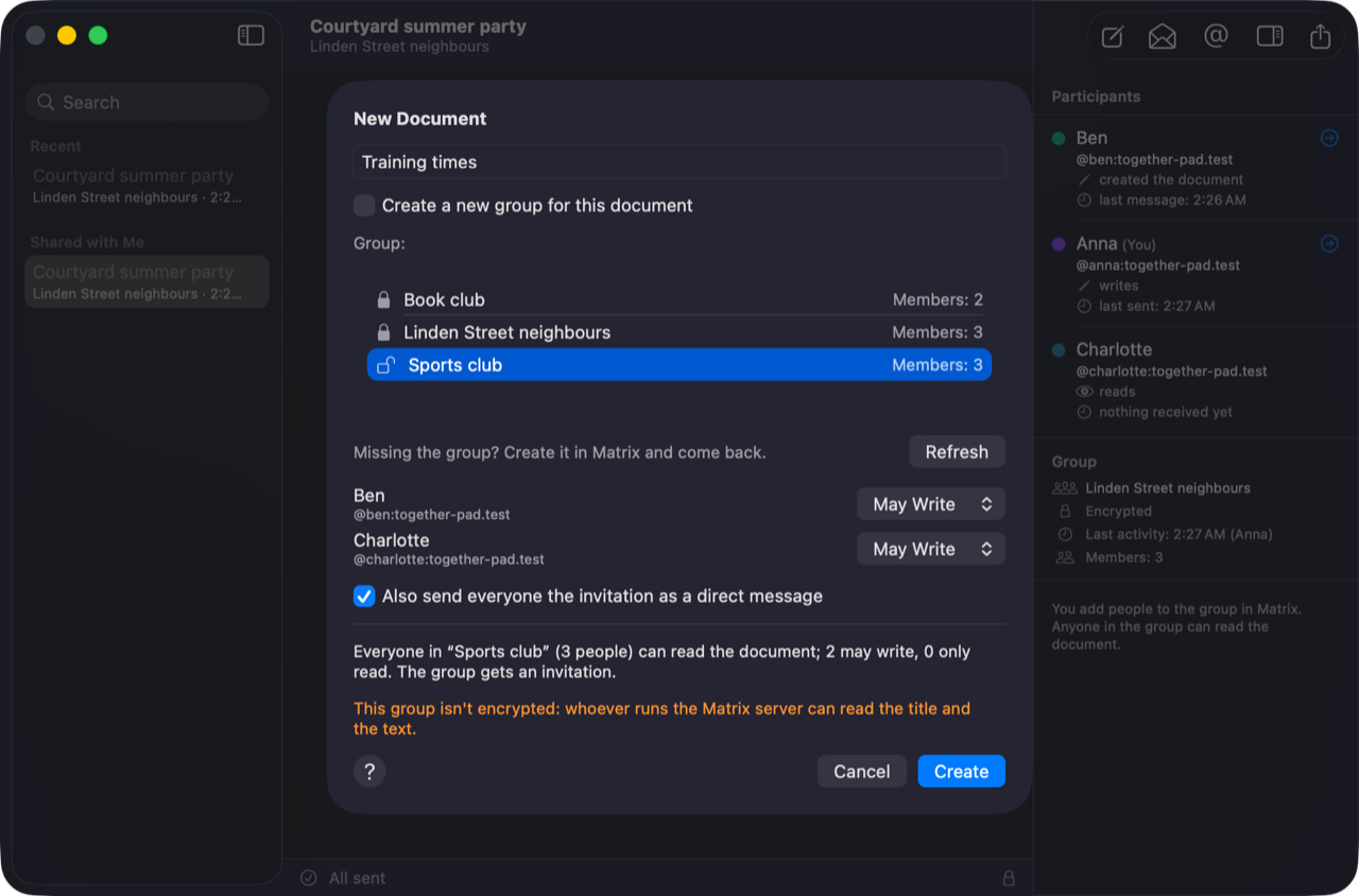 New Document with the unencrypted group “Sports club”: the open lock and an orange note say that the server's operator can read title and text.